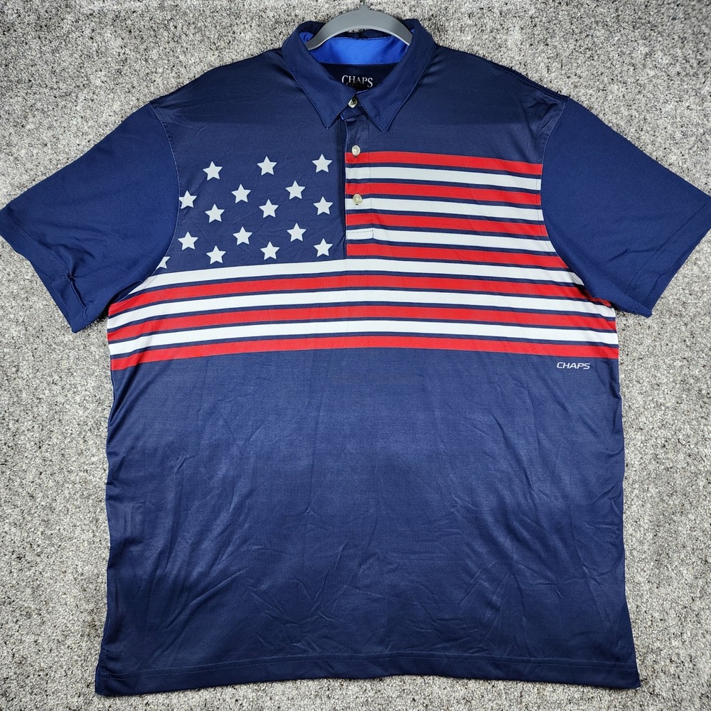 Chaps Golf Polo Shirt Mens XL Blue American Flag Stars Stripes Excellent